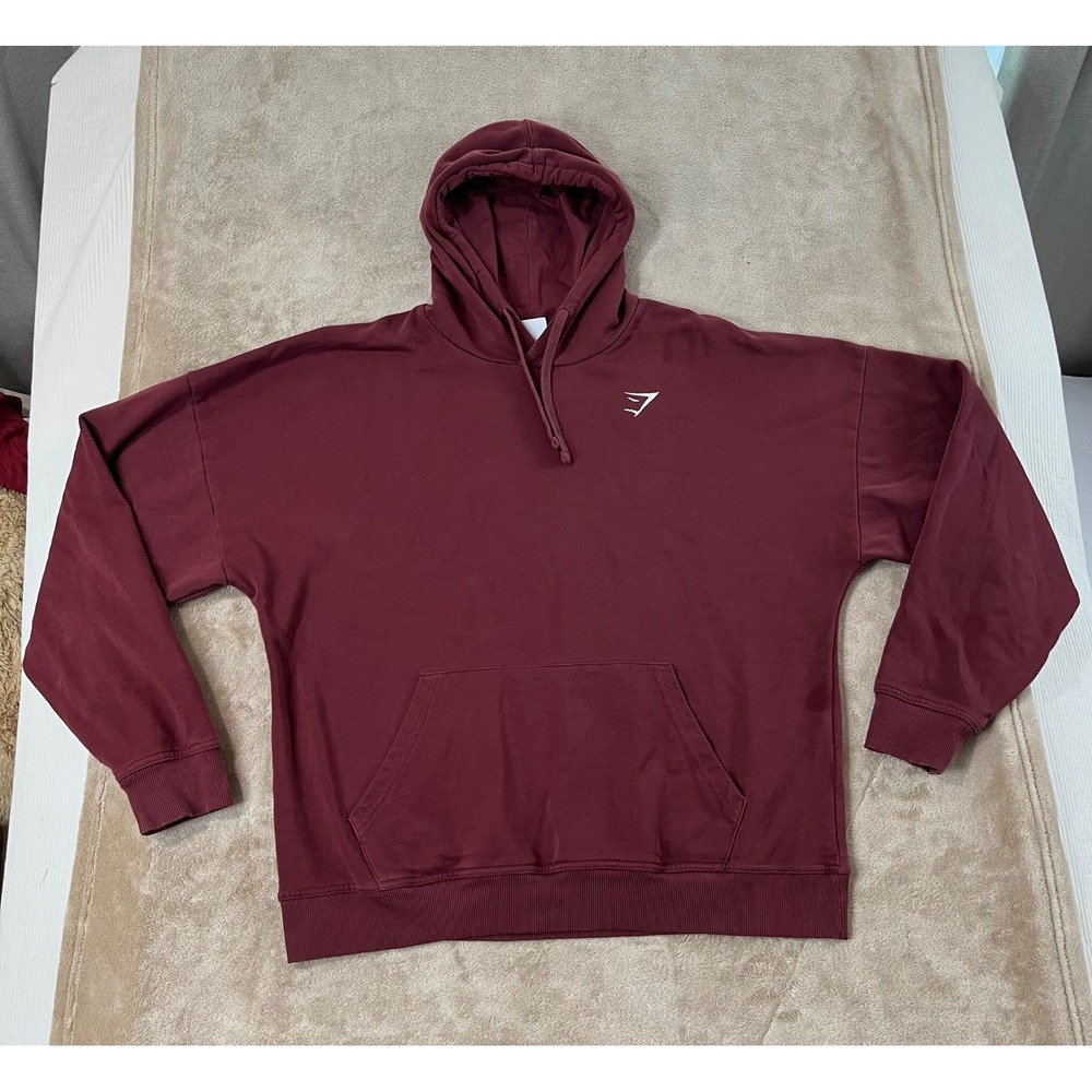 Gymshark Fleece Pullover Hoodie Men Large Burgundy Maroon Sweatshirt Drawstrings